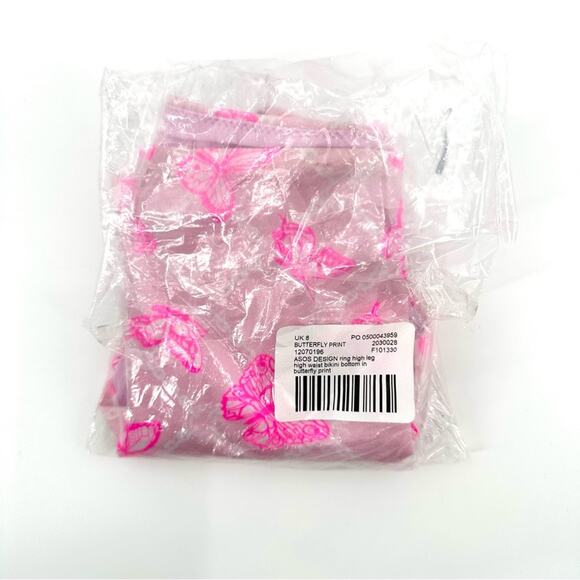 ASOS DESIGN ring high leg high waist bikini bottom in pink butterfly Size US 4 - Picture 7 of 7